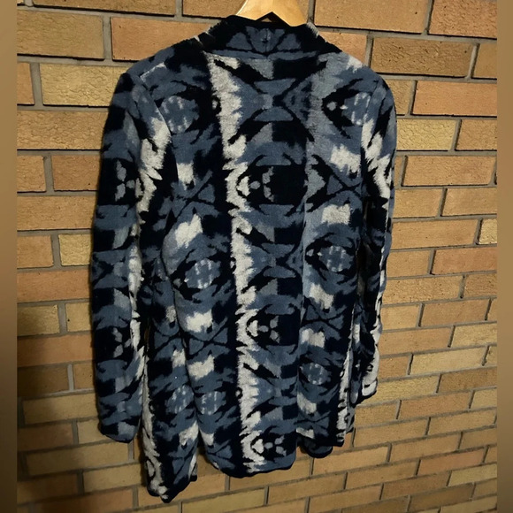 Lucky Brand Cardigan Woman's Medium Blue Geo Drape Open Front Sweater Fleece - Picture 2 of 6